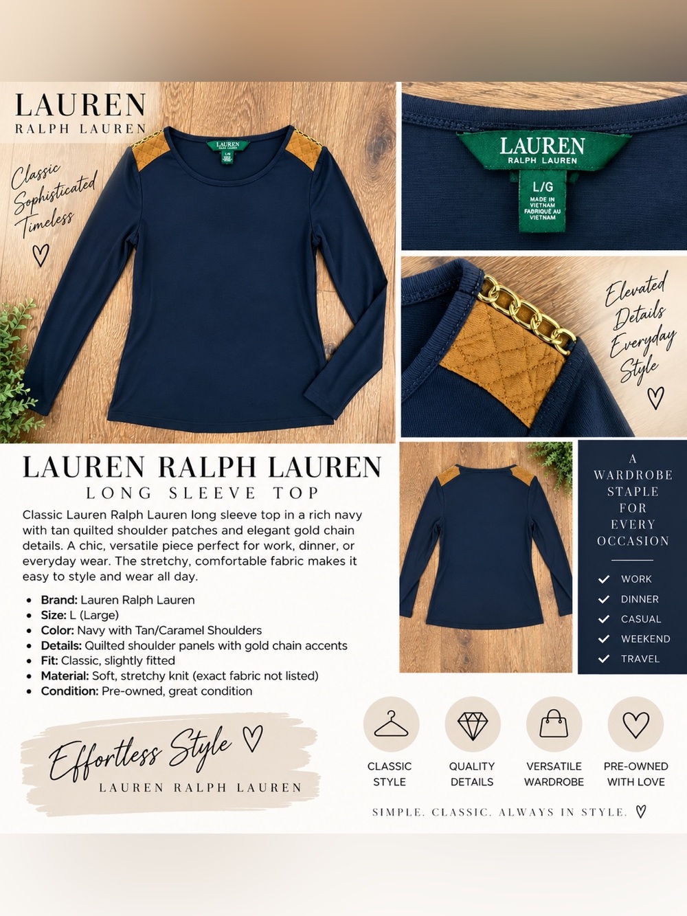 Lauren Ralph Lauren Navy Long Sleeve Top Gold Chain Shoulder Detail L